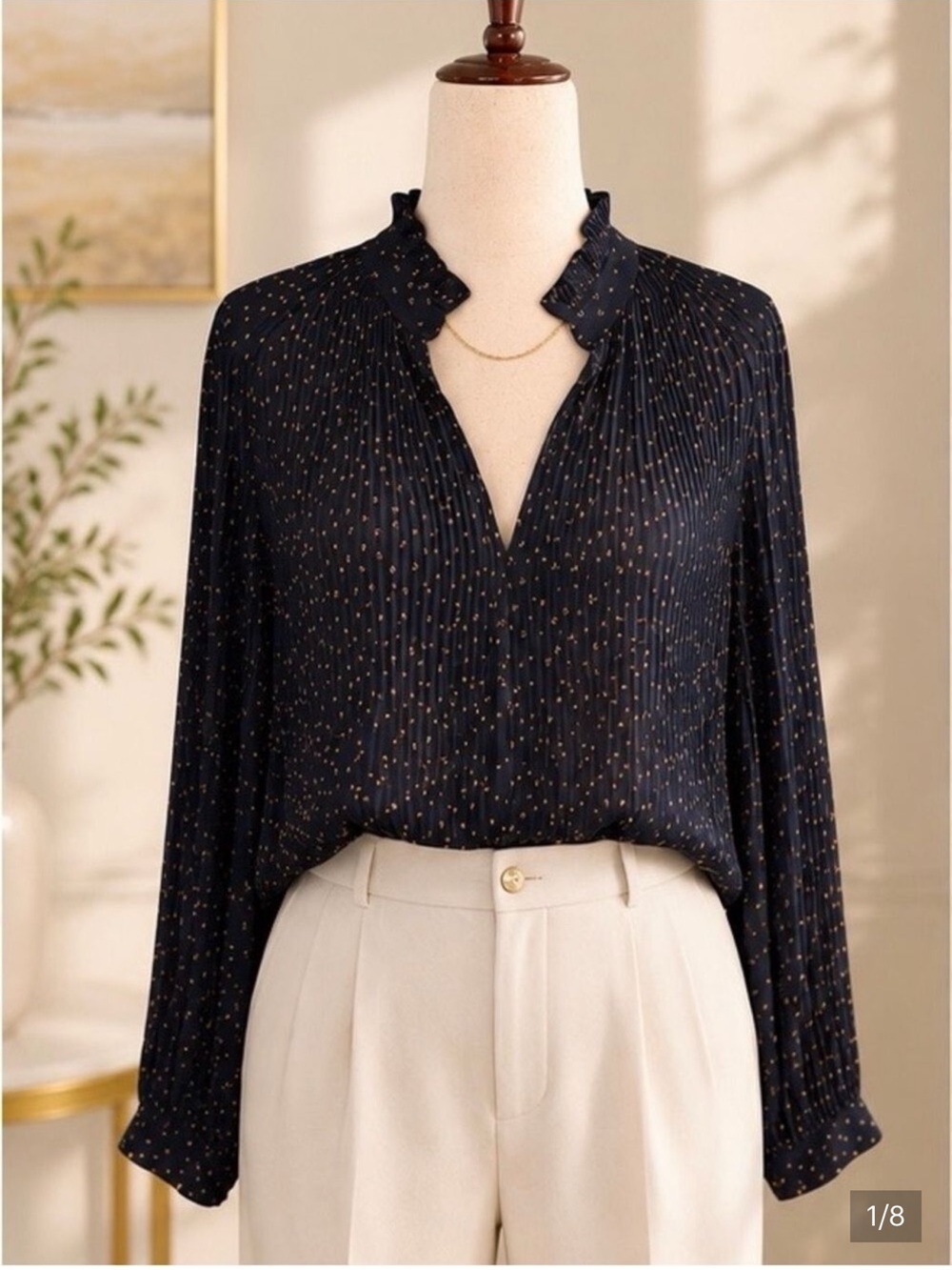 Ann Taylor Navy Blouse with Gold Butterfly Detail and Ruffle Neck